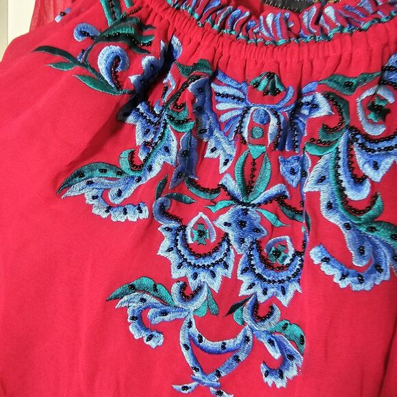 Vintage Collection Women's Red Chiffon Top Tunic Blue Floral Embroidery Beaded L - Picture 9 of 12